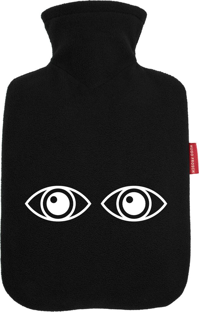 Huuraa Wärmflasche Augen Eyes 1,8 Liter Black Classic Veloursbezug Bettflasche Geschenkidee