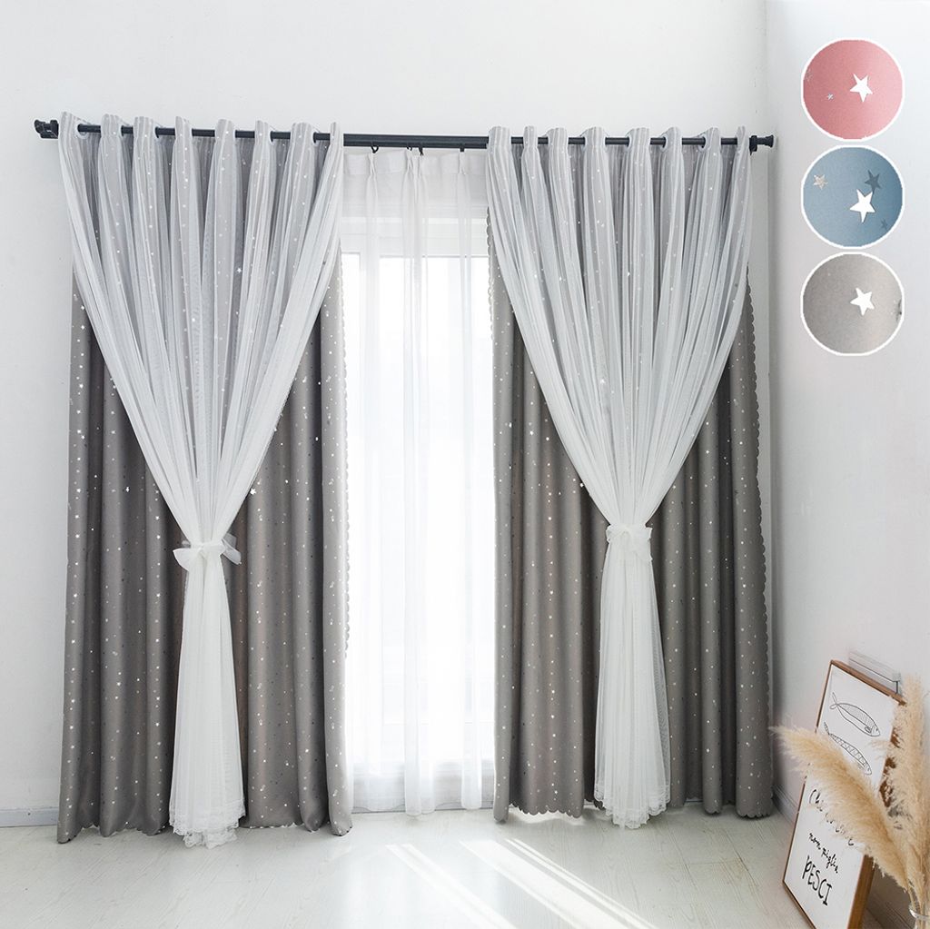 Gardine Aushöhlen Stern Vorhang Doppellagiger Voile Ösenschal für Schlafzimmer Kinderzimmer Wohnzimmer, Grau, 132x160cm