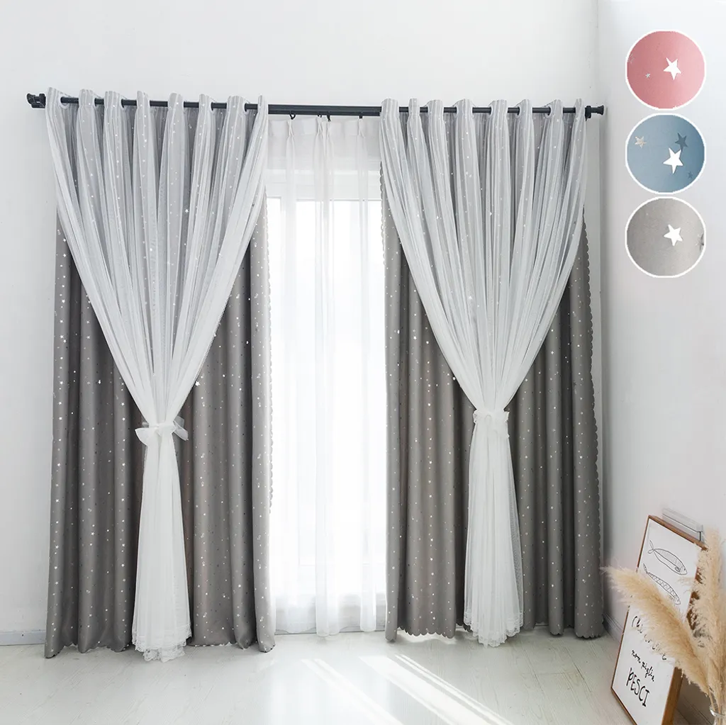 Rideau de Chambre Enfant Gris à Étoiles Perforées et Voilage 132x243cm