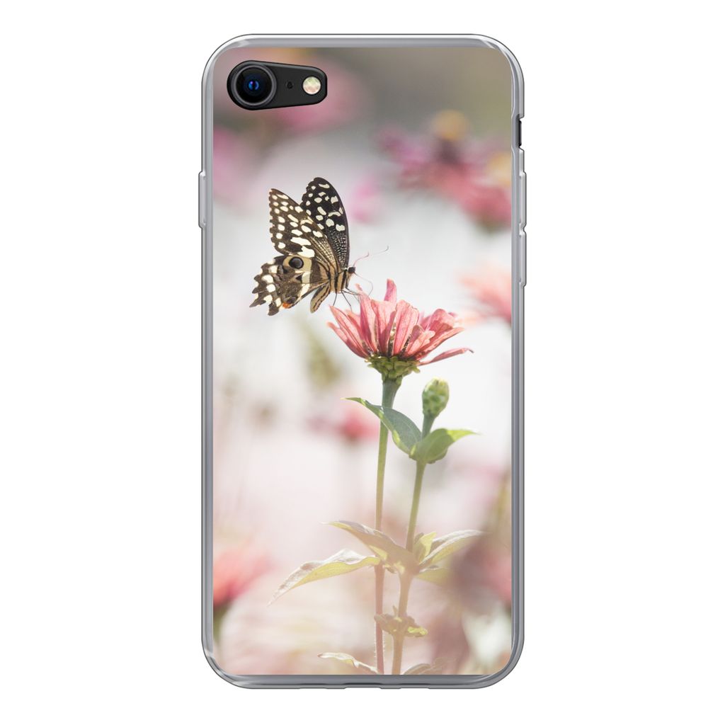 MuchoWow Handyhülle Schutzhülle Hülle für iPhone SE 2022 Schmetterling - Blume - Rosa Silikon Softcase Handy Hülle - Schutzhülle