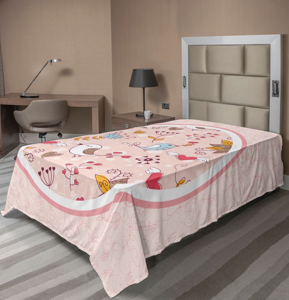 ABAKUHAUS Blumen Bettlaken, Töne botanische Kunst mit Vögeln und Blumen in eiförmigen Rahmen, weiches bequemes oberes Bettlaken für ein dekorat...