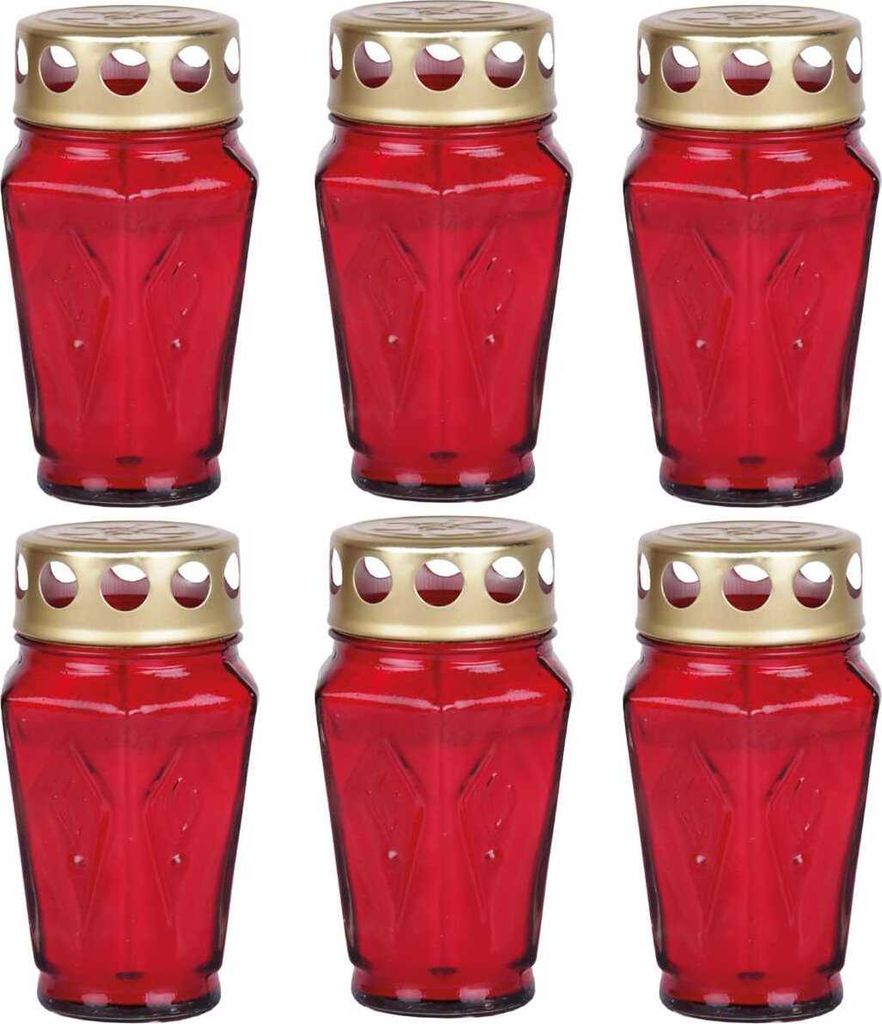 6x Grablicht "Eck" aus Glas (ca. 30h Brenndauer), Größe: 12,5 cm, Farbe: Rot