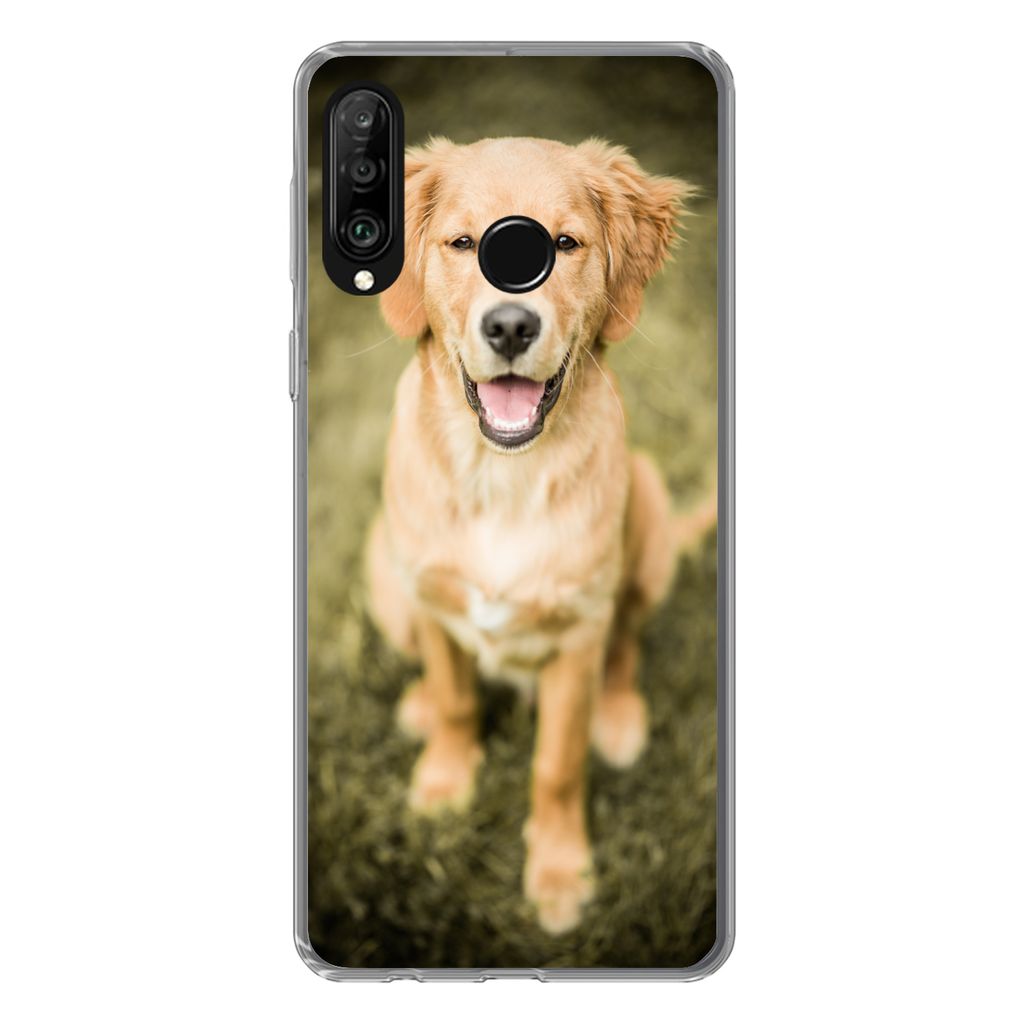 MuchoWow Handyhülle Schutzhülle Hülle für Huawei P30 Lite Ein Porträt eines Golden Retriever Welpen im Garten Silikon Softcase Handy Hülle ...