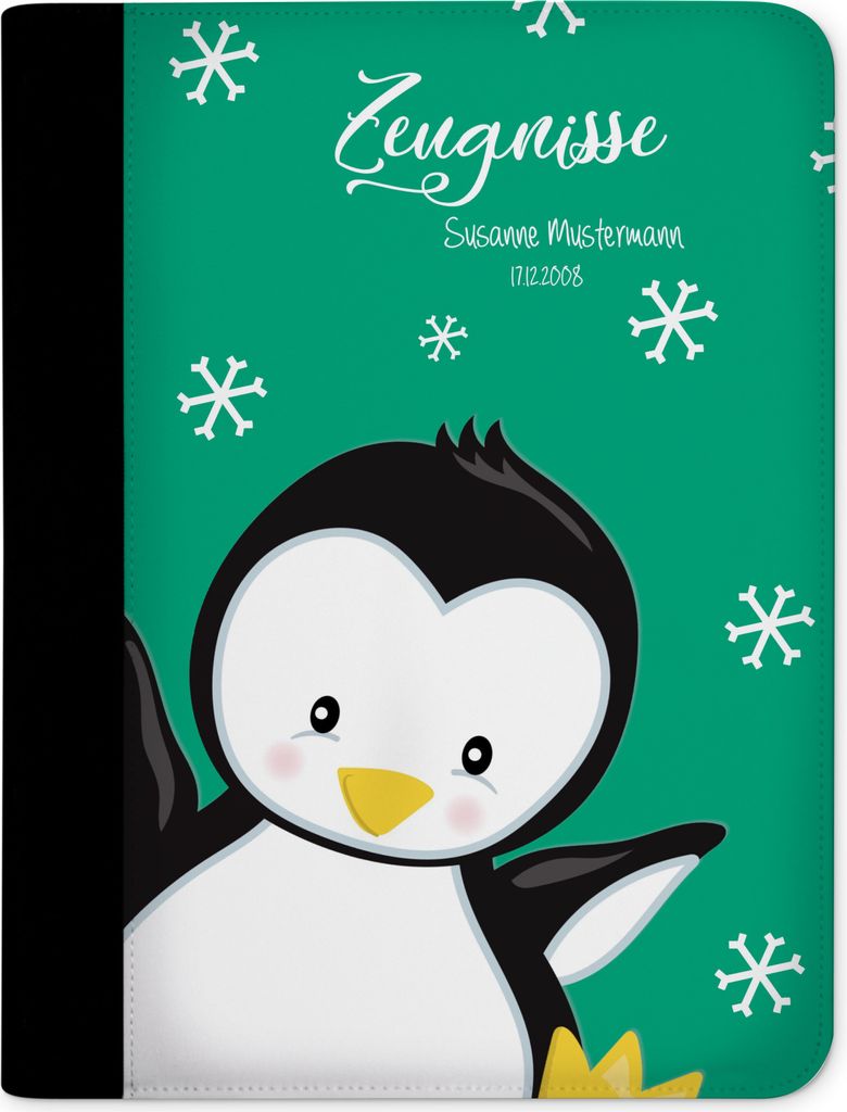 Zeugnismappe, Dokumentenmappe, Ordner A4, Pinguin Petrol mit Klarsichthüllen