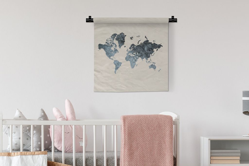 MuchoWow Wandteppich Wandbehang Weltkarte - Grau - Silber 60x60 cm Tapisserie Dekoration Wandtuch - Dekorationen - Wand Decke
