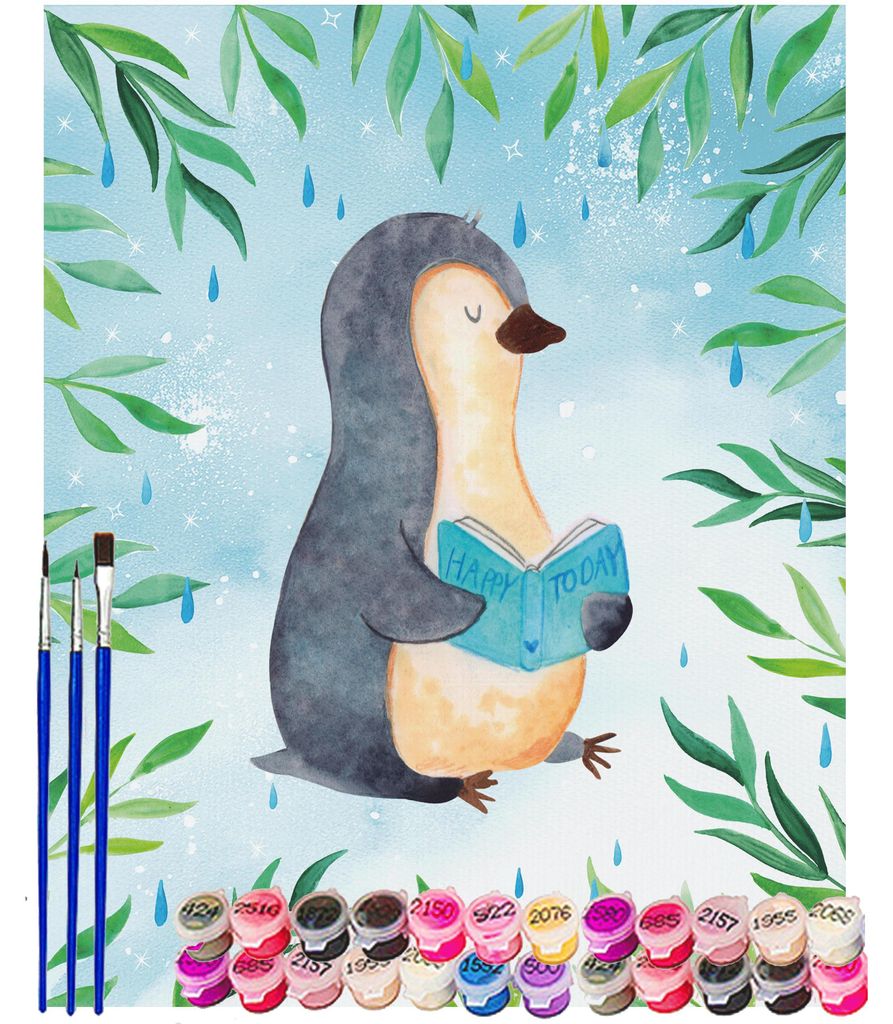 Mr. & Mrs. Panda Malen nach Zahlen Pinguin Buch 40 x 50 cm Mit Rahmen - Eisblau - Geschenk, diy set, Ferien, malset, Entspannen, Pinguine, Ausruhen...