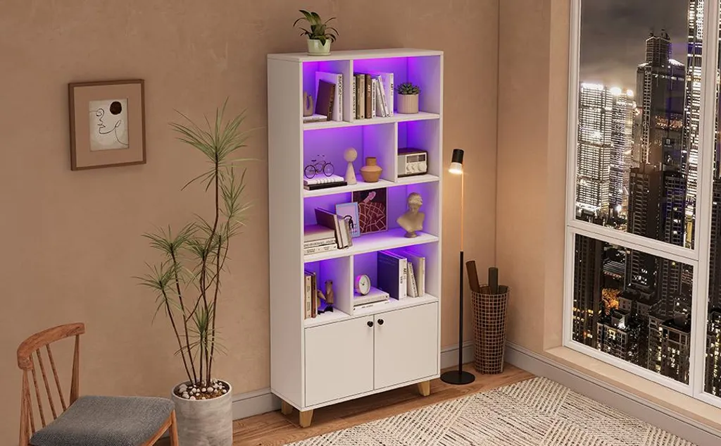 Bibliothèque LED avec Télécommande et Compartiments, Style Blanc Épuré - 18