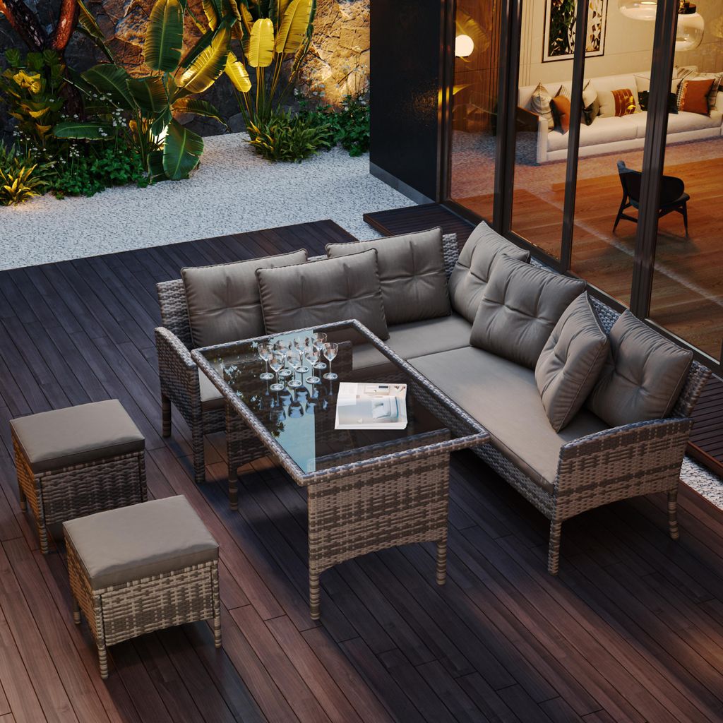 5-tlg. Poly Rattan Sitzgruppe Gartenmöbel Lounge-Set für 7 Personen inkl. Esstisch mit Glasplatte & Sitzkissen wetterfest Grau