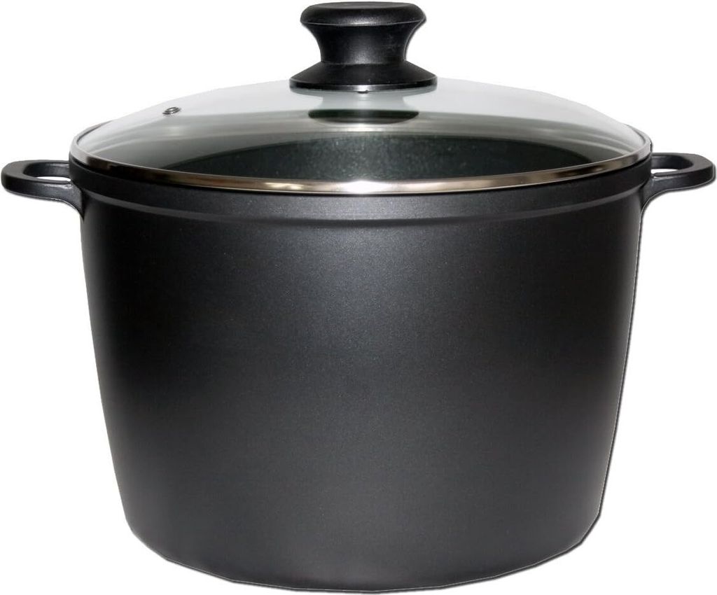 A black cooking pot with a glass lid and handles, isolated on a white background.