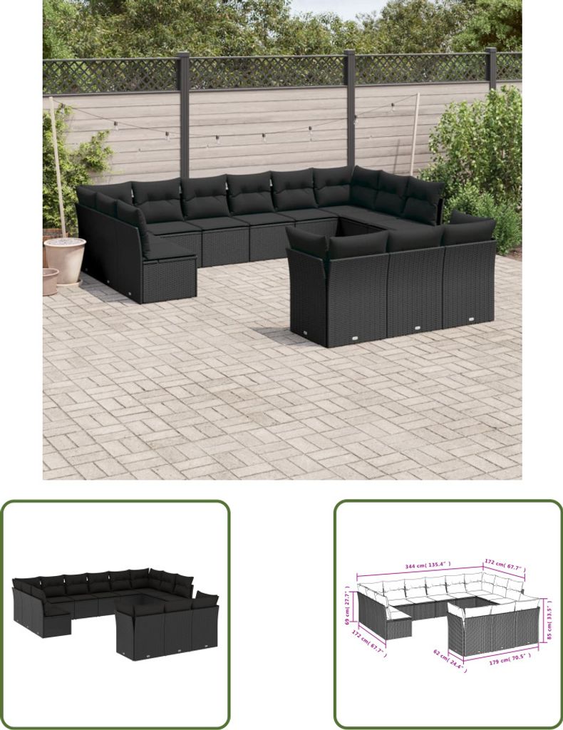The Living Store 13-tlg. Garten-Sofagarnitur mit Kissen Schwarz Poly Rattan