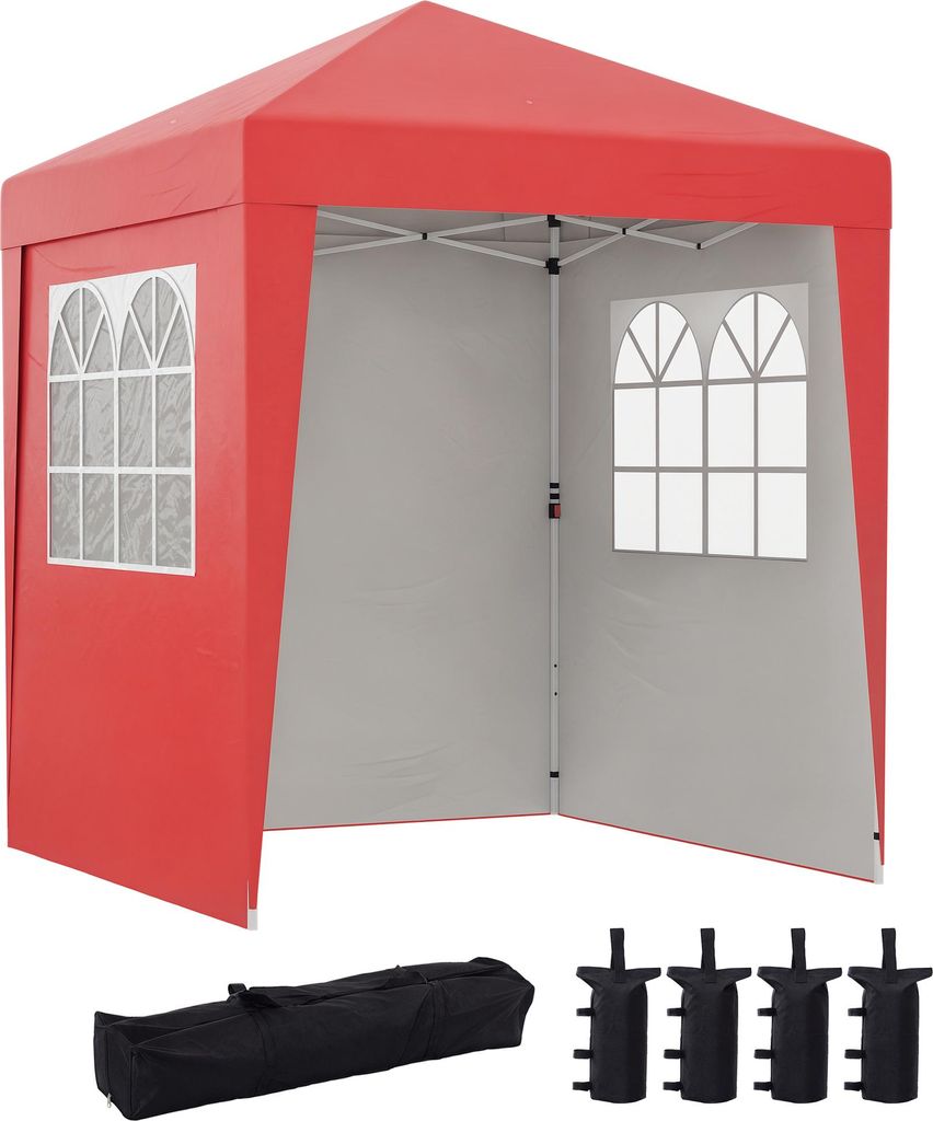 Outsunny 2 x 2 m Faltpavillon, 3-stöckig, höhenverstellbar, UV-Schutz 30+, 3 Seitenwände mit 4 Sandsäcken und 1 Tragetasche, Oxford-Gewebe, rot...
