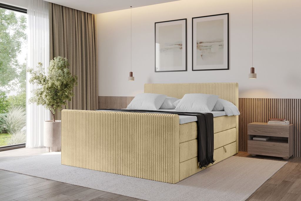 ALTDECOR Boxspringbett TOLO-Z KING 160x200 cm - Cord - Ecru - Komplett-Set mit H3 und H4 Matratzen und Topper, Polsterbett mit Bettkästen, Lattenr...