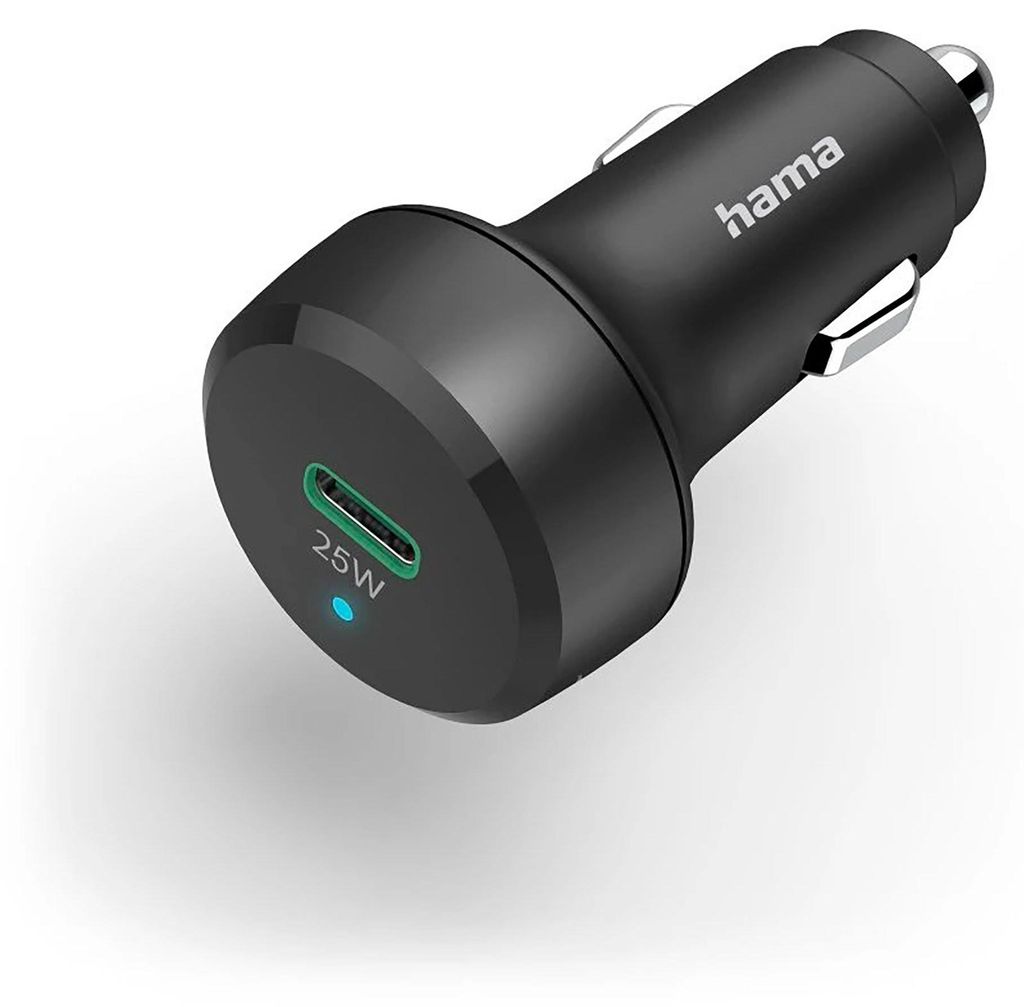 A black car charger with a USB-C port and the brand name 'hama' visible.