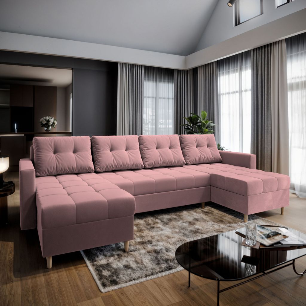 Masseno Ecksofa MILO U mit Schlaffunktion U-Form, Sofa mit Bettkasten, Wohnzimmersofa, Couch, Soffa, Bettsofa, Couchgarnitur- Rosa, KRONOS 27