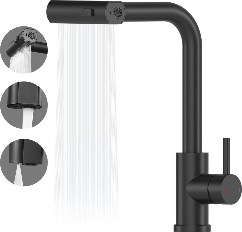 Wasserfall-Kš¹chenarmatur, ausziehbar, mattschwarz, Hochdruck-Spš¹ltischarmatur, Kš¹che mit Dusche, 360¡ã drehbare Mischbatterie, Kš¹che ...