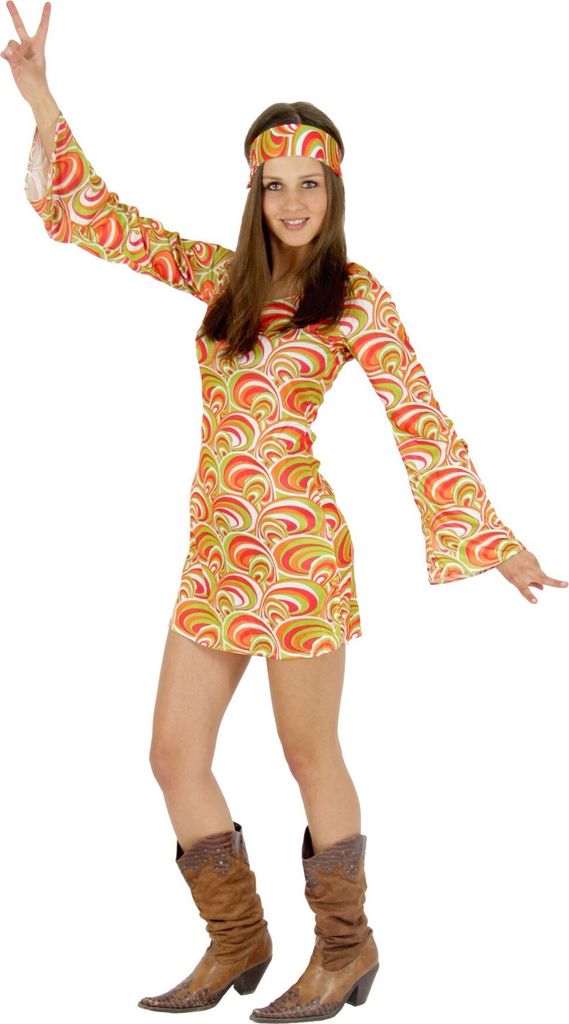buntes Hippie 70er Jahre Kleid für Damen Gr. XS-XL, Größe:L Produktbild 
