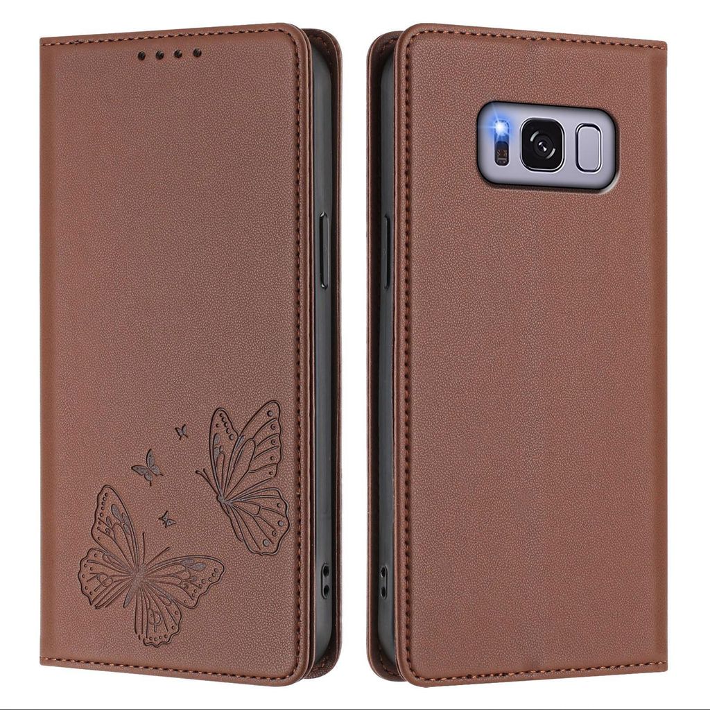 Lederhülle für Samsung Galaxy S8 Plus, Schmetterling Prägung Leder Brieftasche Schutzhülle mit Ständer Braun