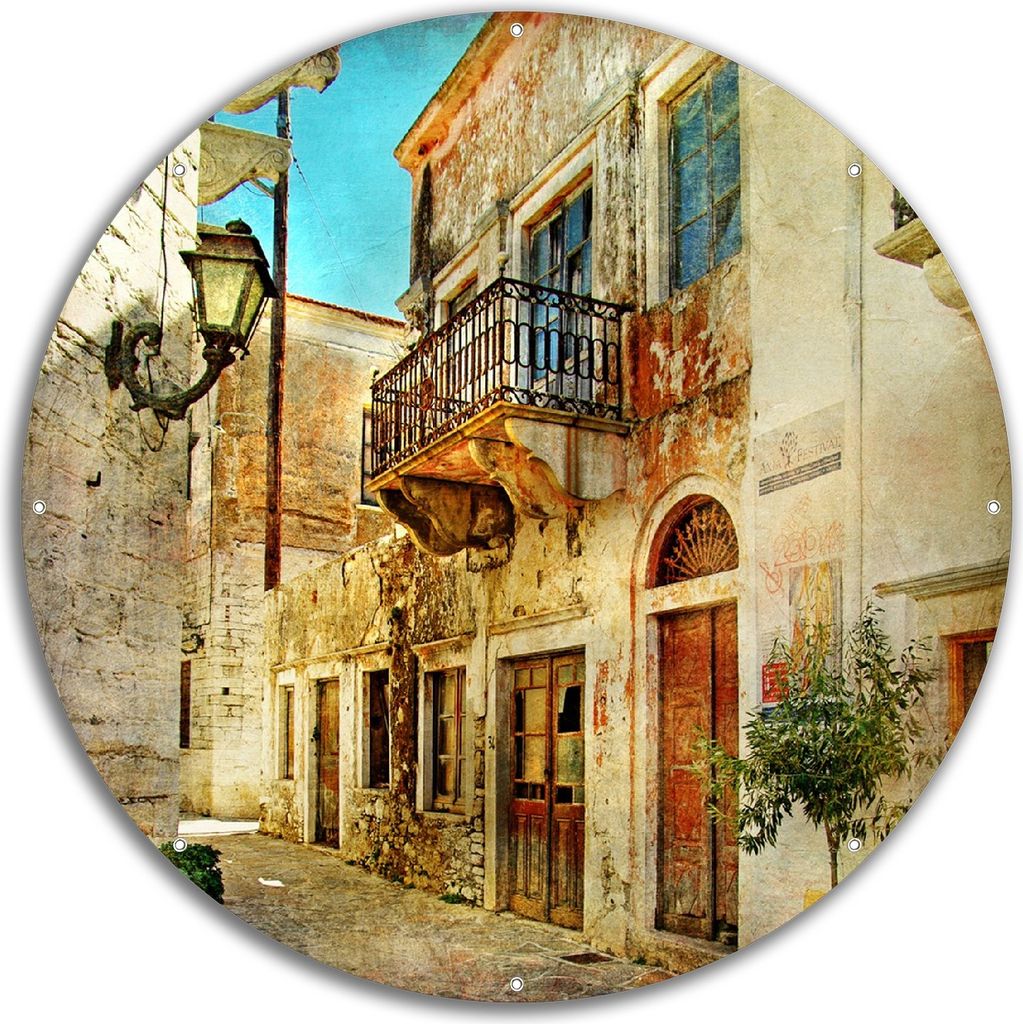Wallario rundes Outdoor-Poster für Garten oder Balkon, Motiv Gasse im Süden, Urlaub in Griechenland, 60 cm Durchmesser