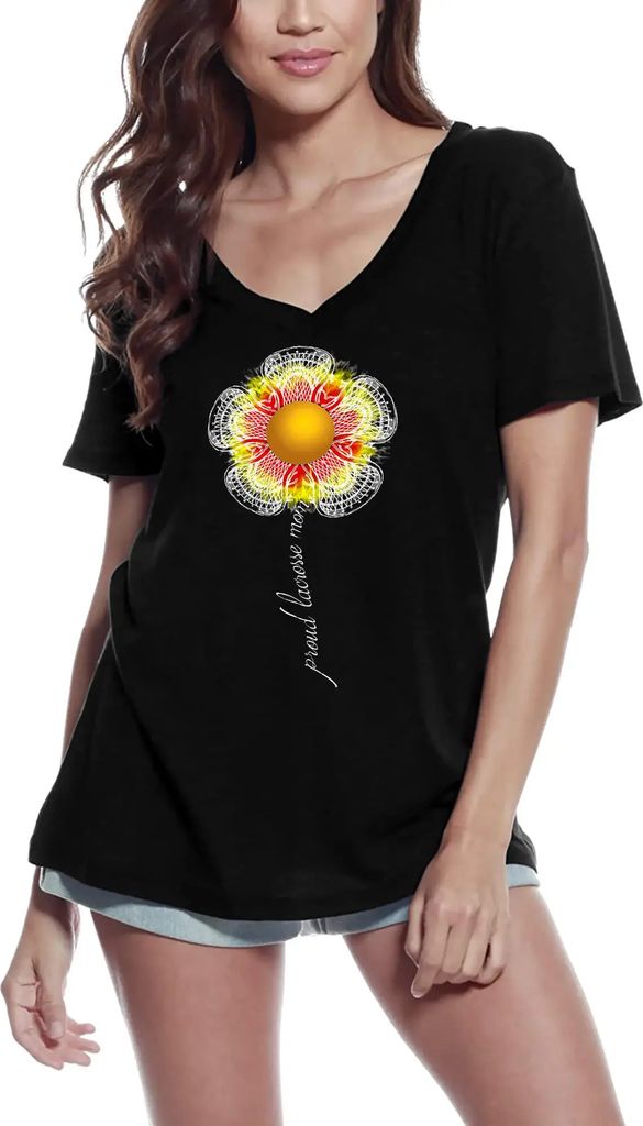 Damen Grafik T-Shirt V-Ausschnitt Stolze Lacrosse-Mutter - Blumen-Shirt für Mutter – Proud Lacrosse Mom - Flower Shirt For Mother – Öko-Veran...