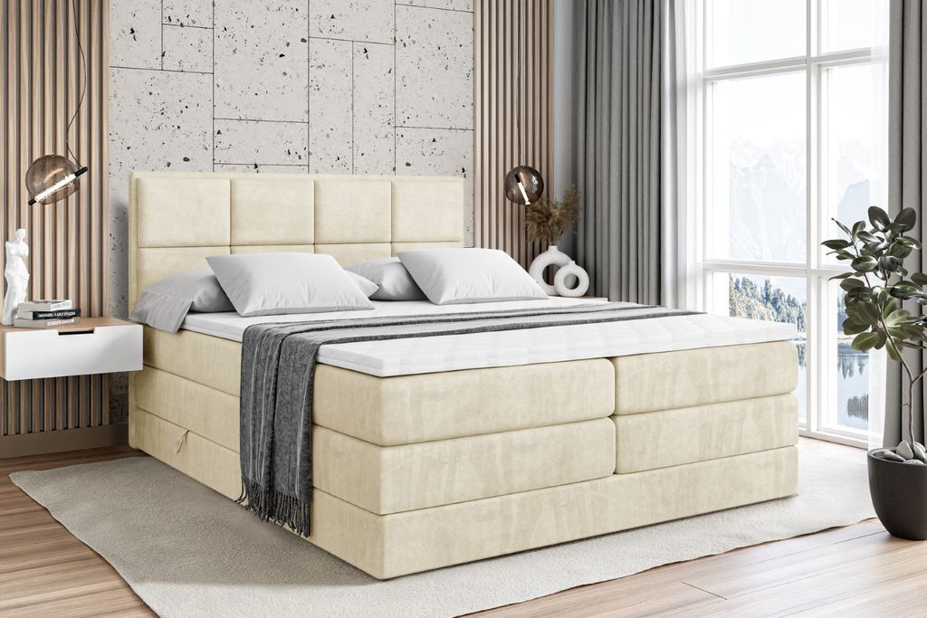 ALTDECOR Boxspringbett mit 2 Matratzen und Topper - 120x200 cm - NOVA KING - Beige Samt - Polsterbett mit, H3- und H4- Matratzen, Bettkasten und La...