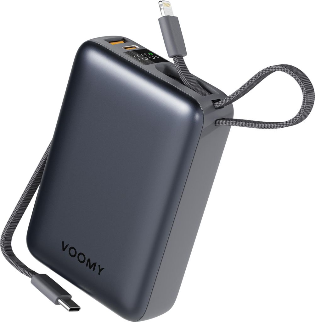VOOMY 20000mAh Powerbank – Integrierte USB-C & Lightning Kabel – 22.5W Schnellladefunktion – USB-A & USB-C Ausgang – LED-Anzeige – Extern...