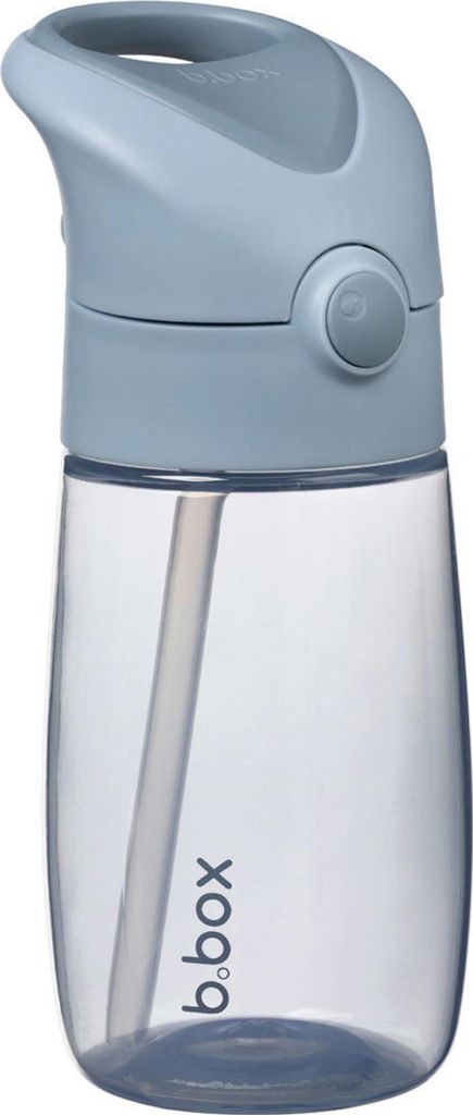 A close-up studio shot of a blue and gray b.box junior straw bottle with a transparent body.