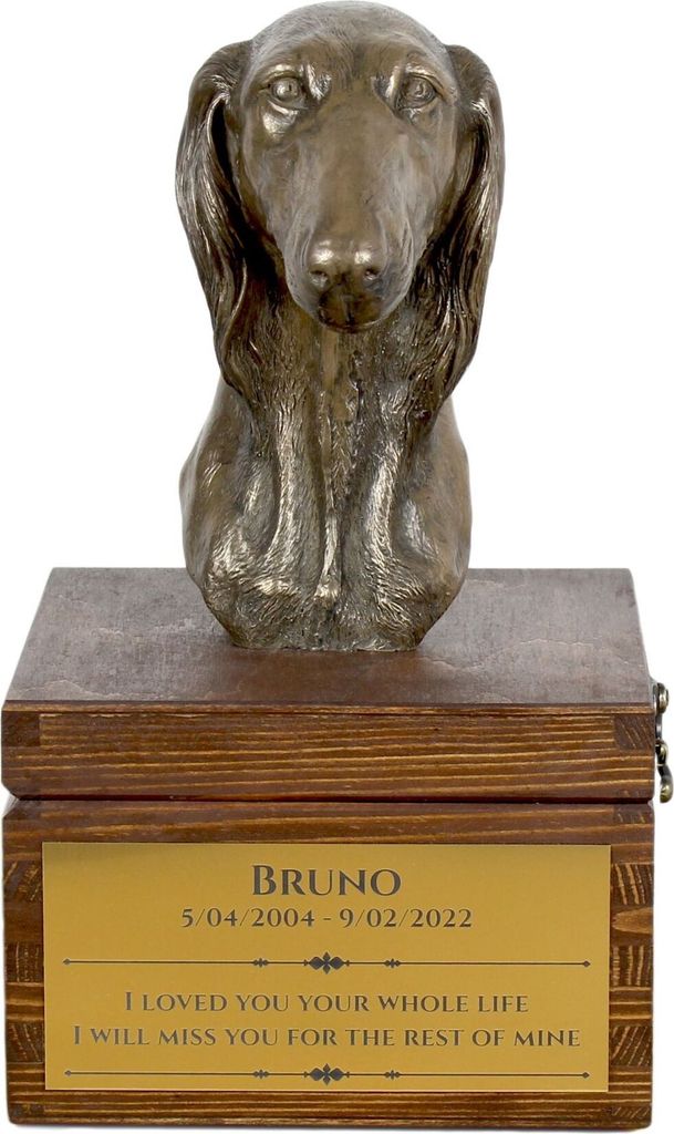 Saluki, Persischer Windhund - Eine Ascheurne für Hunde mit einer Statuette, eine kleine Urne für Hunde, eine personalisierte Urne mit dem Porträ...