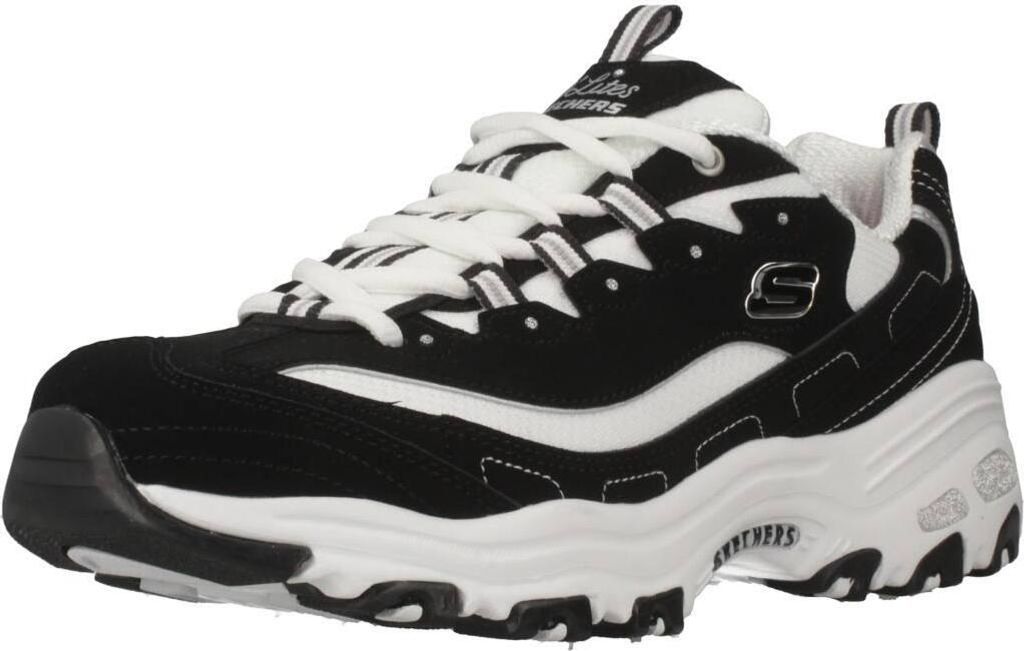 A studio shot of a black and white Skechers sneaker.