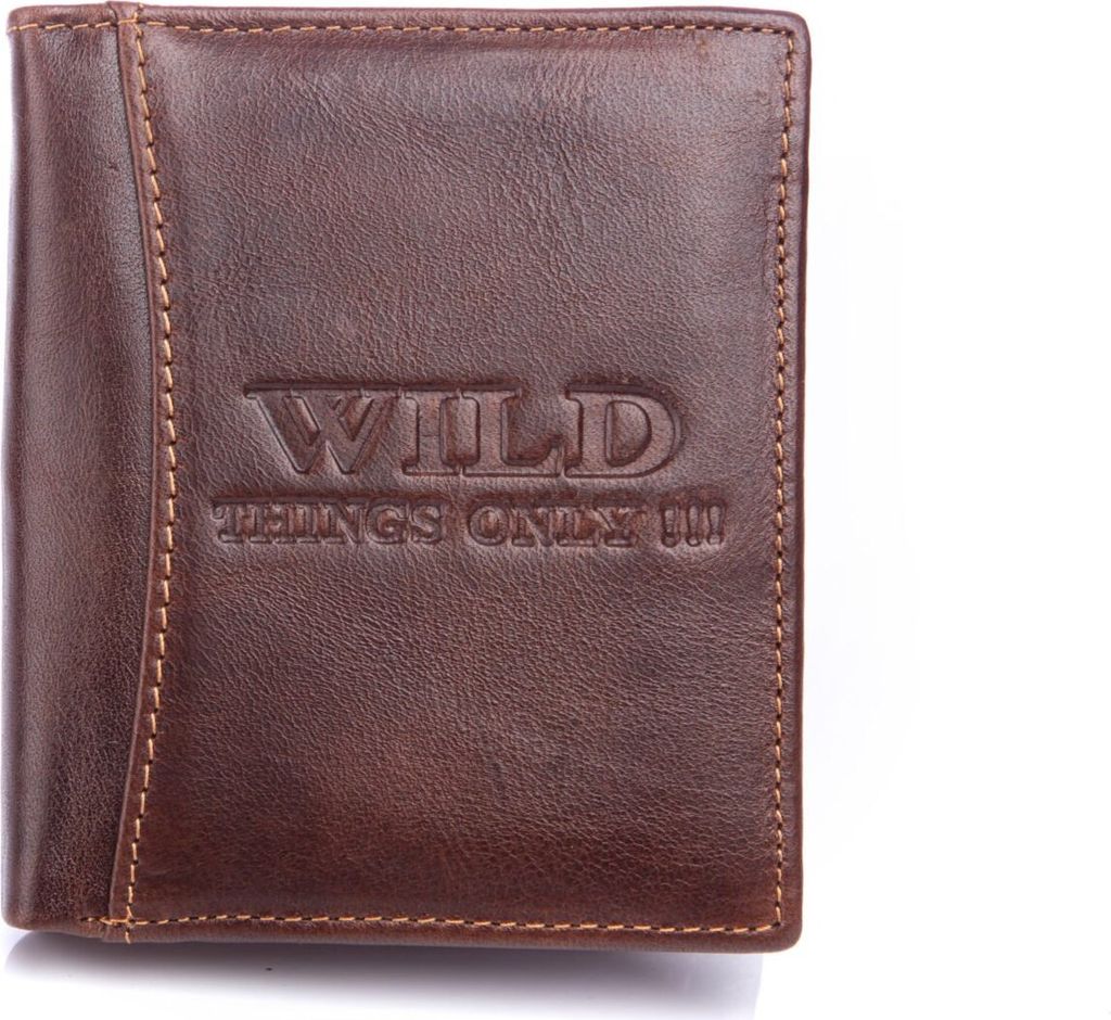 A brown leather wallet with embossed text.