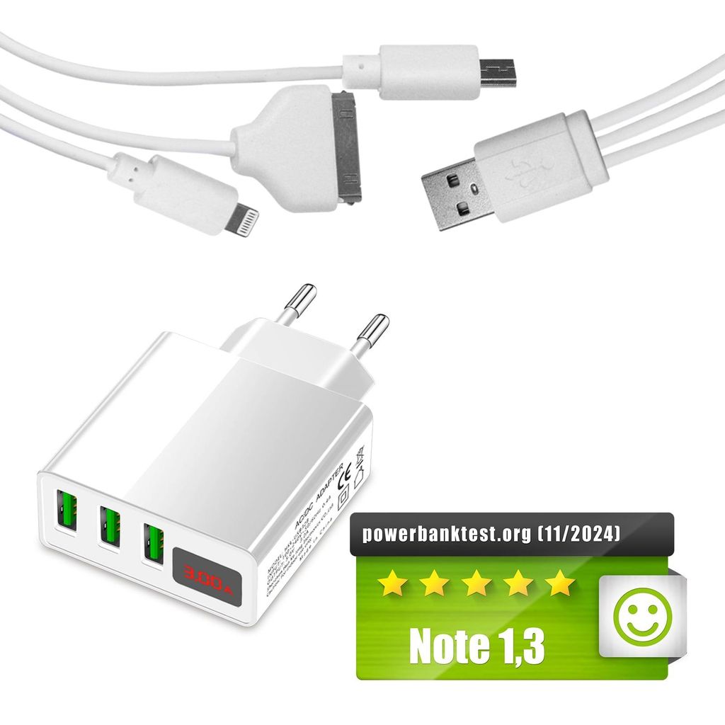 Multi USB Port Ladegerät 3in1 weiß mit USB Ladekabel für Samsung, iPhone 13, Eaxus