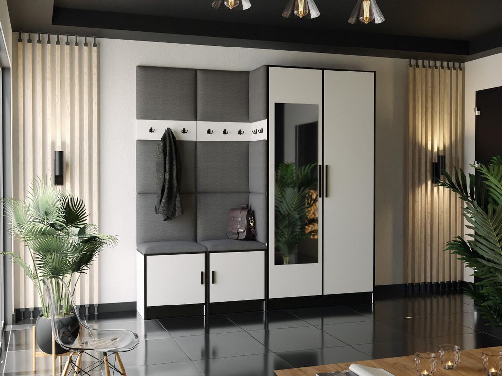 KIER FURNITURE Garderobe mit Sitzfläche Roj21 - 211,2x205x39cm Weiß + Stoff Grau