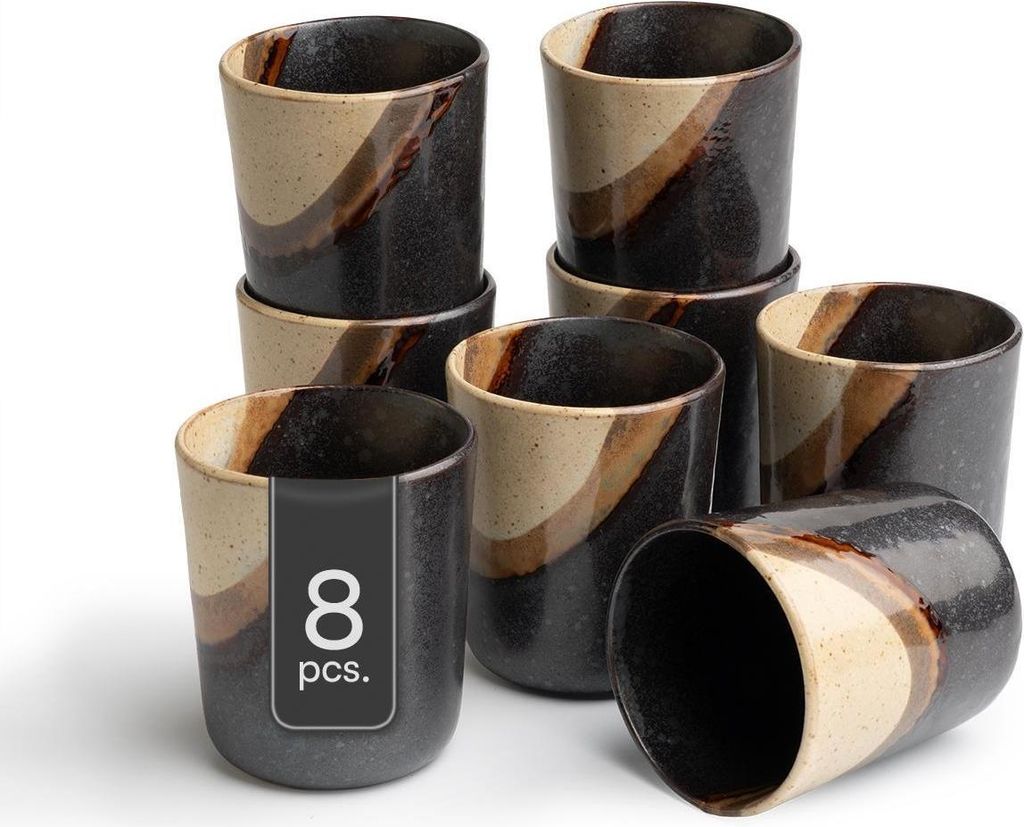 Kaffeebecher - 350 ml - Schwarz - Braun - Keramik - matt - 8er Set