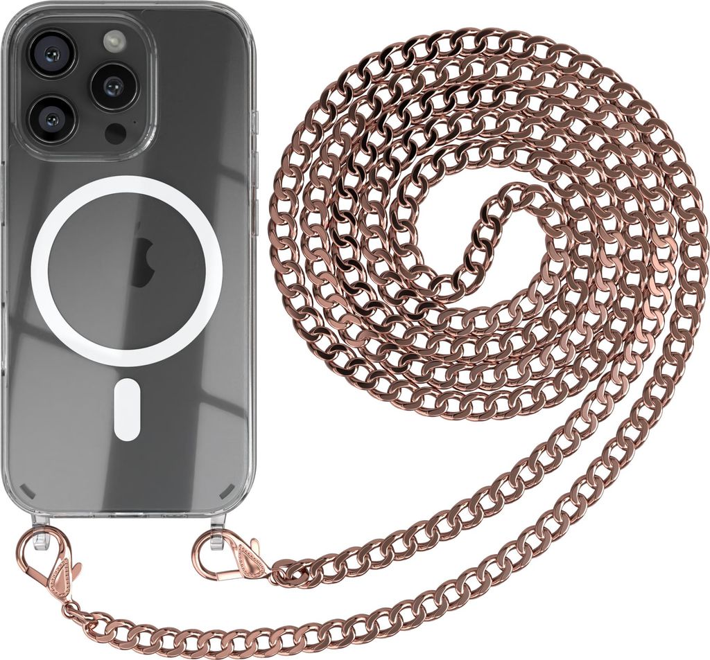 EAZY CASE Handykette kompatibel mit Apple iPhone 16 Pro, Kette zum Umhängen aus Metall, Silikonhülle mit Band, stoßfest, mit MagSafe in Gold
