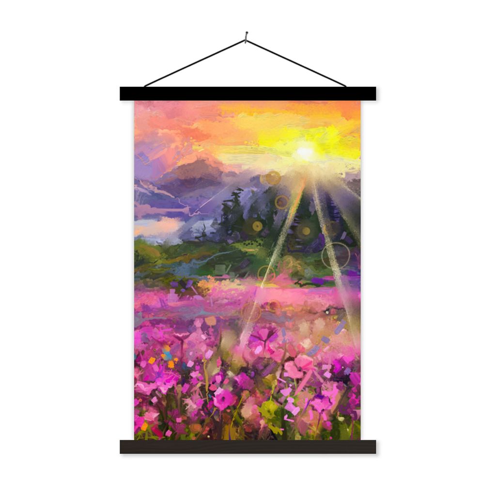 MuchoWow Textilposter Gemälde - Ölfarbe - Blumen - Natur - Sonne 40x60 cm mit schwarzem Rahmen - Wanddekorationen