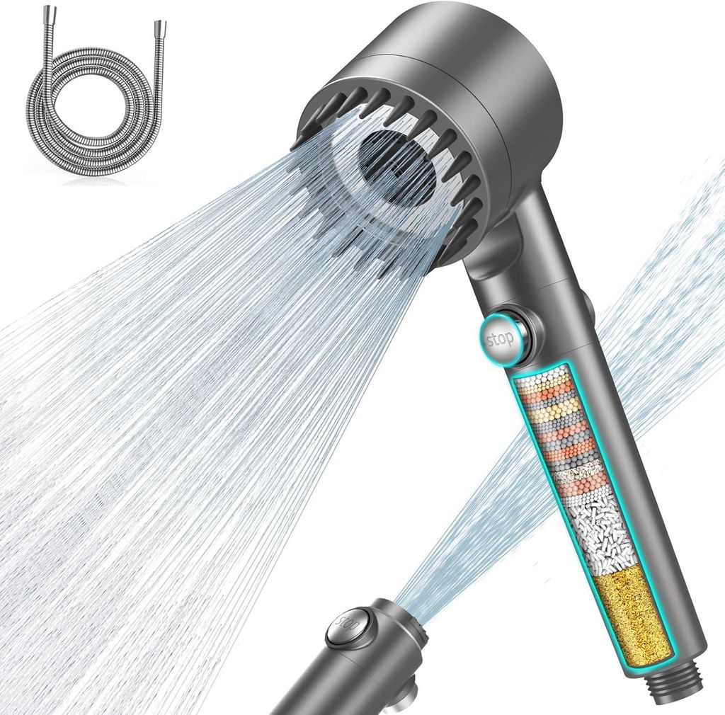 Duschkopf mit Filter in 15 Schichten, Hochdruck Handbrause mit 1,5 M Schlauch, 3+1 Strahlarten, Shower Head für Entfernen vom harten Wasser, Rest-...
