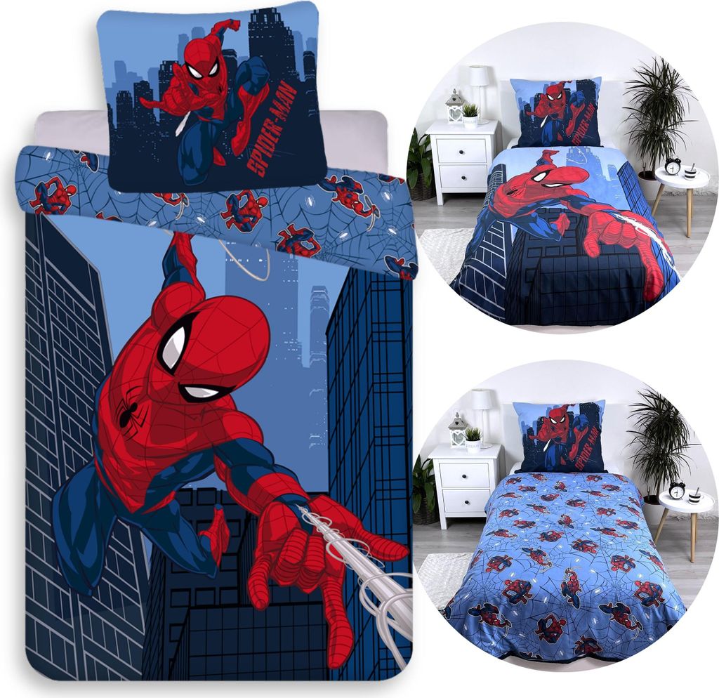MARVEL SpiderMan Dunkelblau, BEIDSEITIG, Kinderbettwäsche mit Reißverschluss, 100% BAUMWOLLE, 160x200+70x80 cm