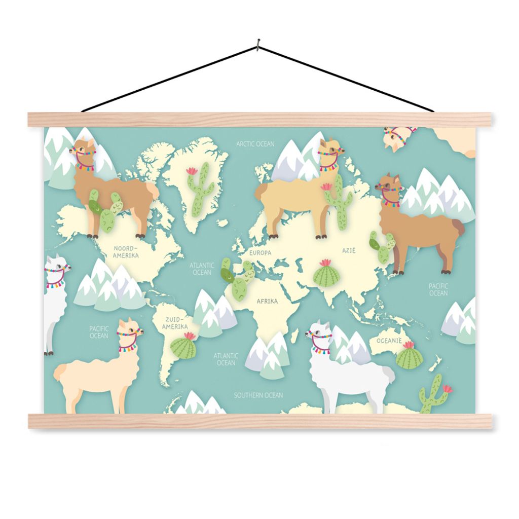 MuchoWow Textilposter Weltkarte - Alpaka - Berge 60x40 cm mit holzfarbenen Rahmen - Bilder