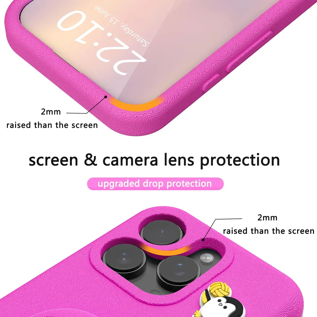Custodia per bambini in EVA per iPhone 16 Pro Max, morbida custodia protettiva antiurto con supporto per pinguini Rosa - 6
