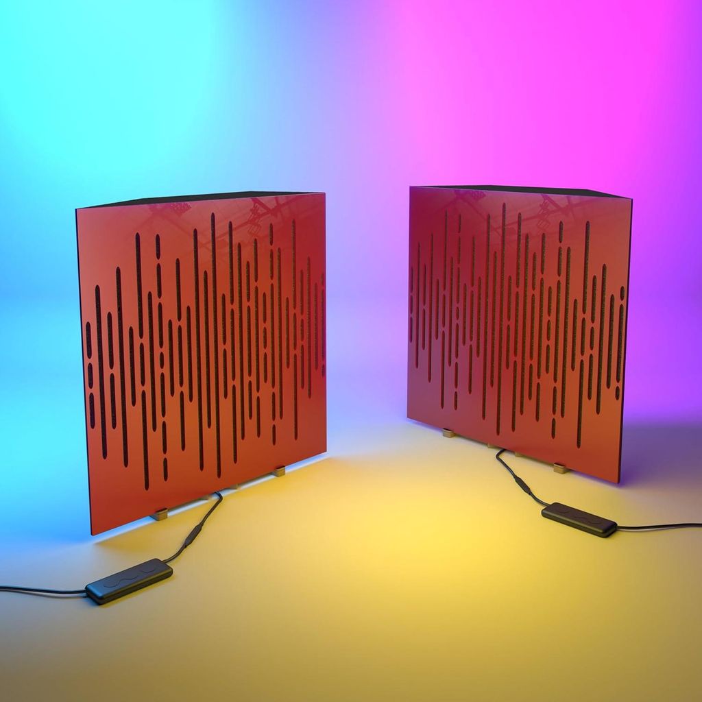 2er-Pack Akustik-Bassfalle "WAVE" mit RGB-Schreibtischlampe | Mobiler Ständer mit LED-Tischfuß |Für Podcast-Studios|50x50x15cm|Roter Kunststoff