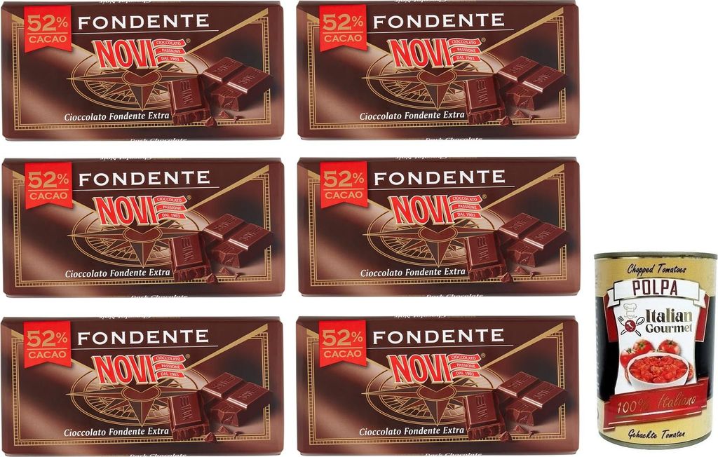 6x Novi Cioccolato Fondente 52% Kakao,Tafel Extra Dunkle Schokolade 100g + Italian Gourmet Polpa di Pomodoro 400g Dose