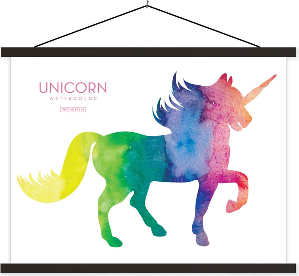MuchoWow Textilposter Eine Illustration eines Einhorns in Regenbogenfarben - Mädchen - Kinder - Kinder 150x113 cm mit schwarzem Rahmen - Wohnzimmer
