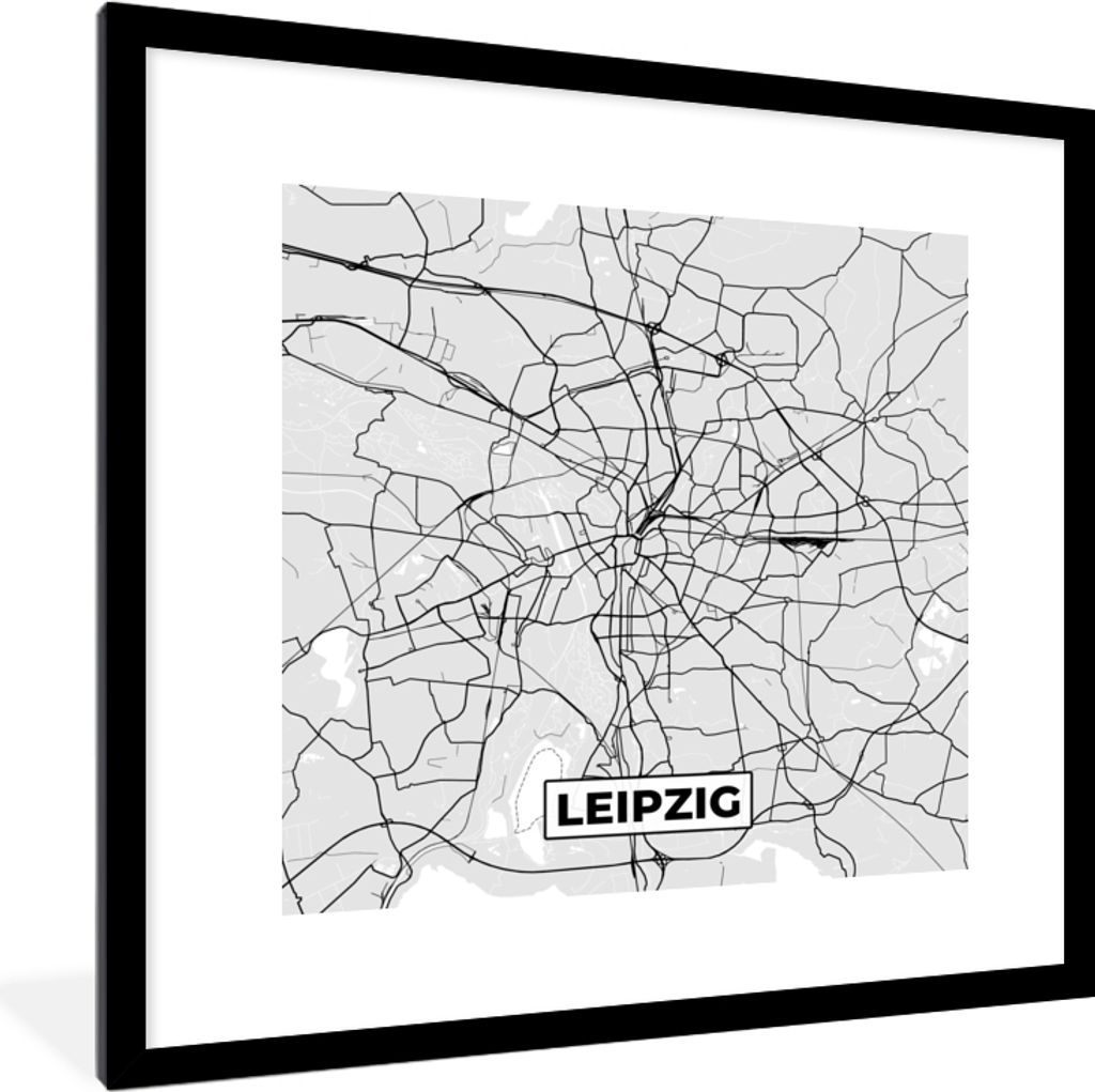 MuchoWow Gerahmtes Poster Deutschland - Karte - Leipzig- Stadtplan 40x40 cm - Poster mit Schwarzem Bilderrahmen Wandposter Rahmen Foto Bilder - P...