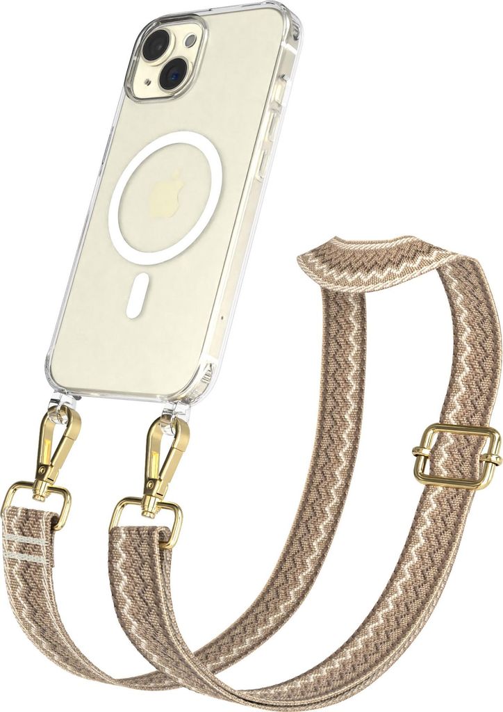 EAZY CASE - Handykette mit MagSafe Hülle für Apple iPhone 15, Handyband Wave Style, Karabiner Gold, Umhängeband in Hellbraun