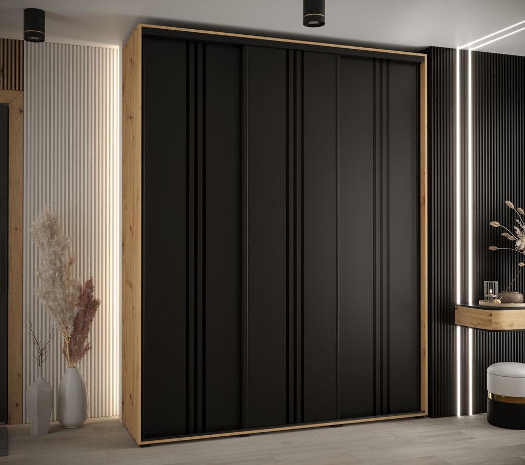 Kleiderschrank ASIRI 6 - 200/45 cm, Eiche handwerklich / schwarz / schwarz