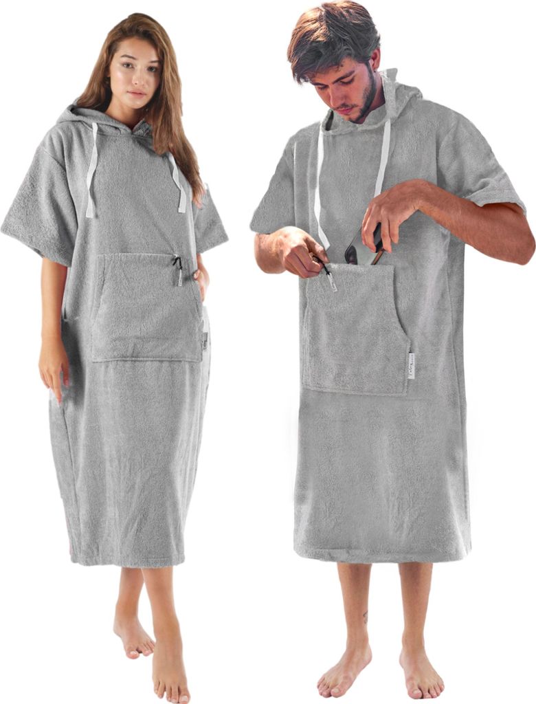 Frottee Badeponcho Damen Herren Surf Poncho 100% Baumwolle Strandponcho Bade Handtuch Erwachsene mit Reißverschlussfach Kapuze Umziehponcho Grau L/XL