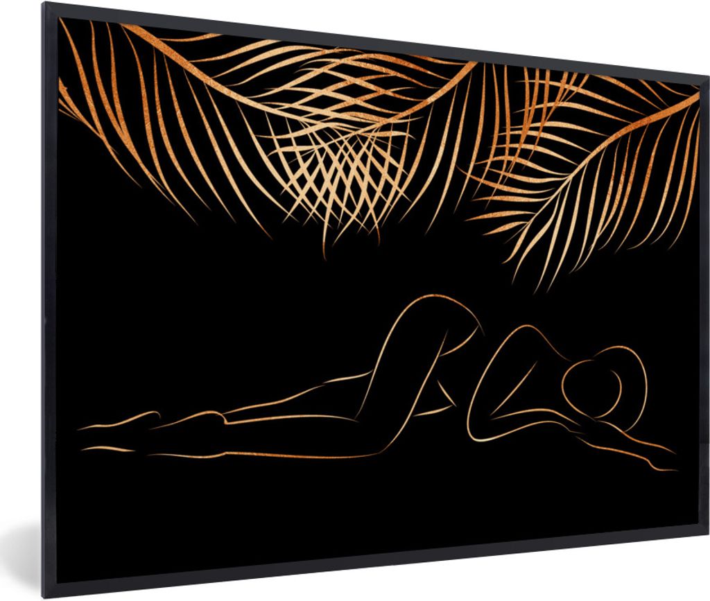 MuchoWow Gerahmtes Poster Frau - Palmwedel - Gold - Strichzeichnung 60x40 cm - Poster mit Schwarzem Bilderrahmen Wandposter Rahmen Foto Bilder - ...