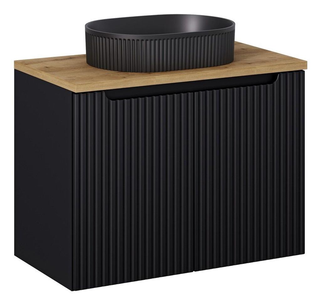 Badmöbel-Set 80 cm Mit Unterschrank 2 Türen, Arbeitsplatte & Aufsatzwaschbecken, Nova Black N BM125 - Schwarz/ Evoke Eiche