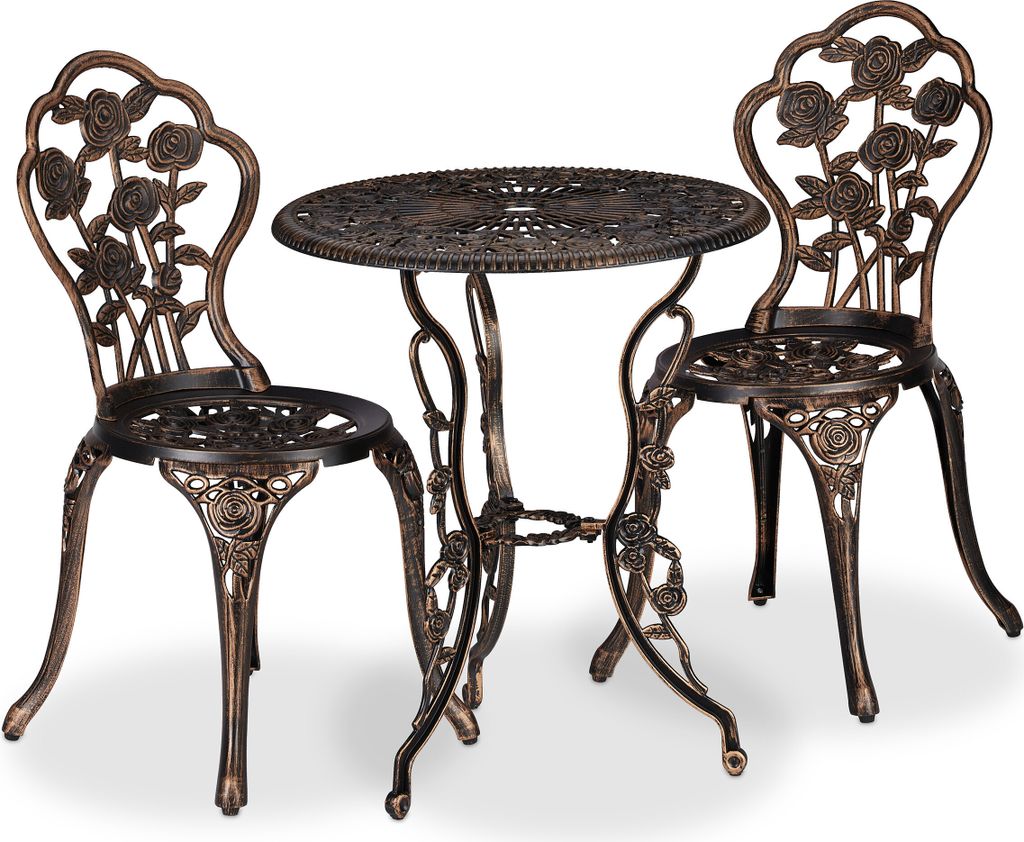 Relaxdays Gartenmöbel Set, 3-teilig, Tisch & 2 Stühle, Vintage Balkonmöbel, Aluguss, Garten Sitzgruppe, schwarz/bronze