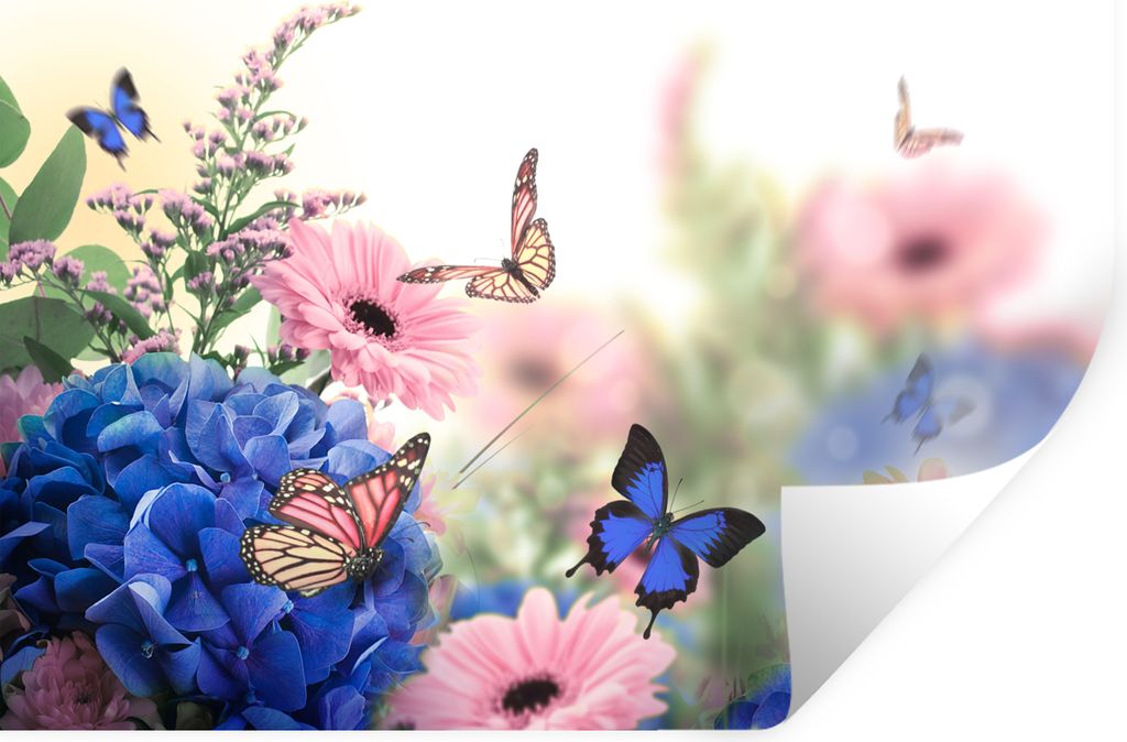 MuchoWow Wandtattoo Wandsticker Wandaufkleber Schmetterlinge - Blumen - Hortensien - Insekten 60x40 cm Selbstklebend und Repositionierbar - Wierd...