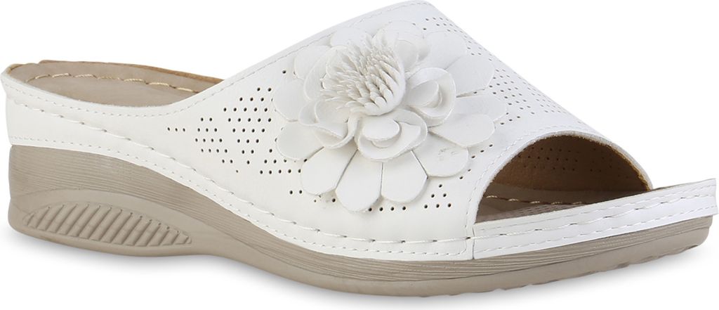 VAN HILL Damen Pantoletten Sandaletten Bequem Blumen Cut-Out Komfort Schuhe 841617, Farbe: Weiß, Größe: 38